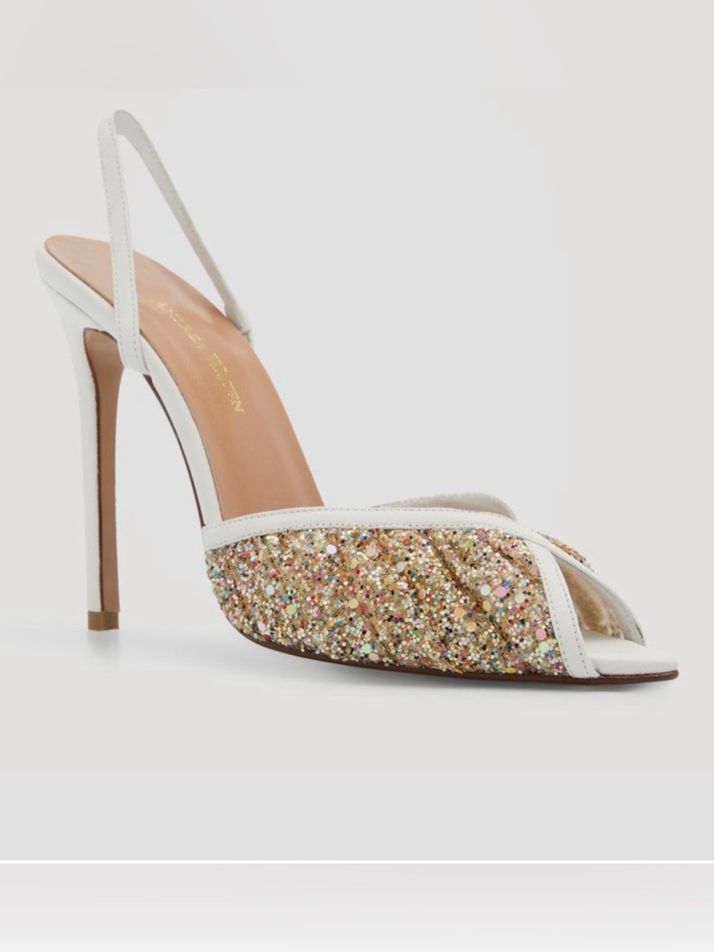 NWOB Andrea Wazen Katy Glitter Slingback Heels in White Size EU 40/US 9